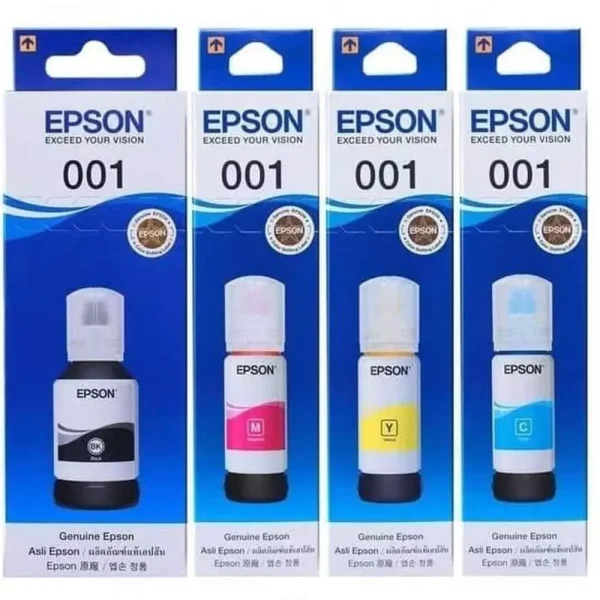 Epson Original 001 Ink Bottle Black (127 ml), Cyan,Magenta,Yellow-70 ml Each (Pack of 1 Set)