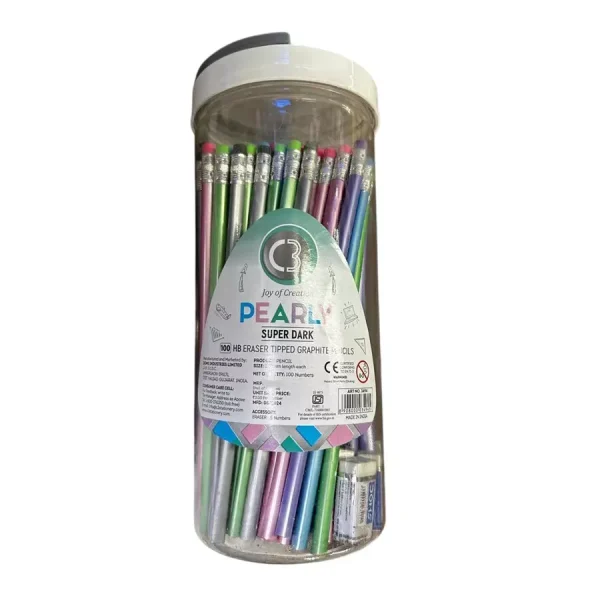 Doms HB Eraser Tipped Graphite Pencils 100 Pcs Box with Free Erasers, Multi Color